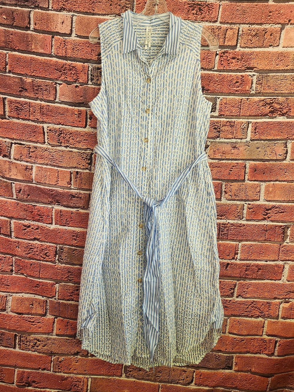 Anthropologie Blue & White Striped Eyelet Shirt Dress